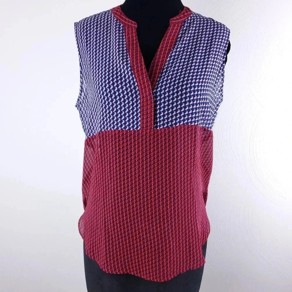 1. State Tops - 1. State Blue/ Red GeoSheer Printed Blouse size S